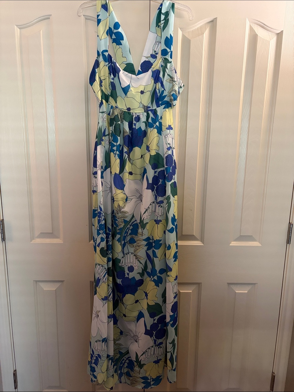 Floral V-Neck Maxi Dress in Blue, Green & White